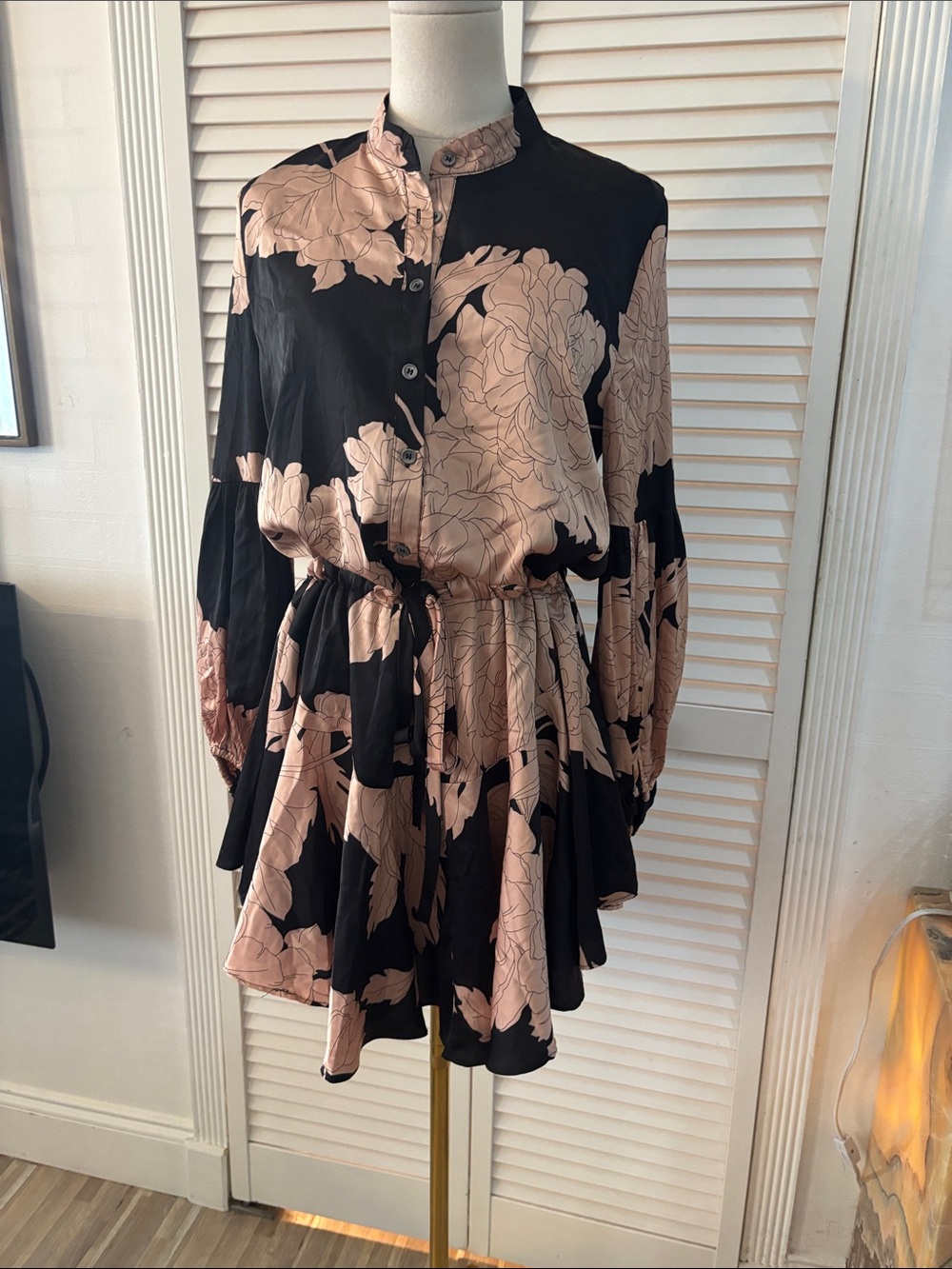 Black and Blush Floral Button-Front Mini Dress, M